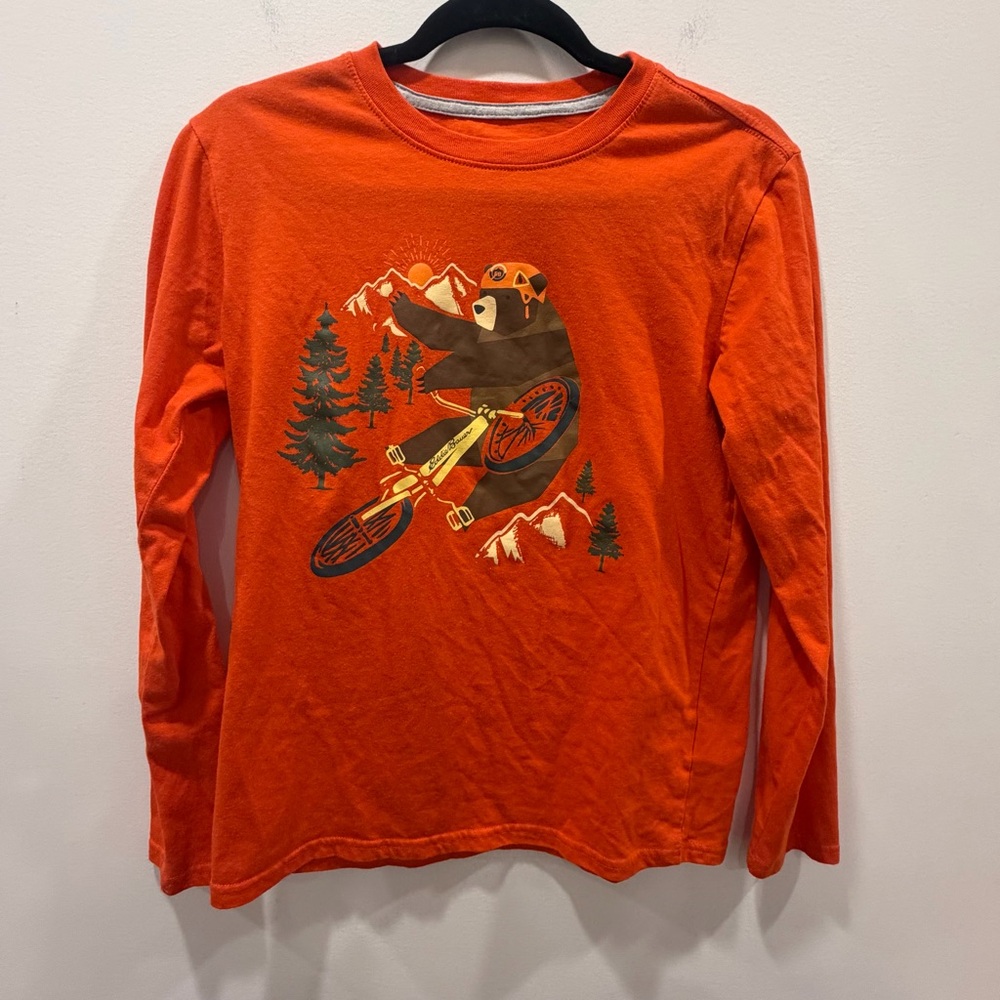✅ Eddie Bauer 14/16 kids Long Sleeve Tshirt Orange Bear Cycling mountain bike